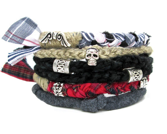 Fabric Stacking Bangles Red Black Upcycled Bracelets Rocker Cuff Skulls Beaded Bracelet Biker Chic Jewelry