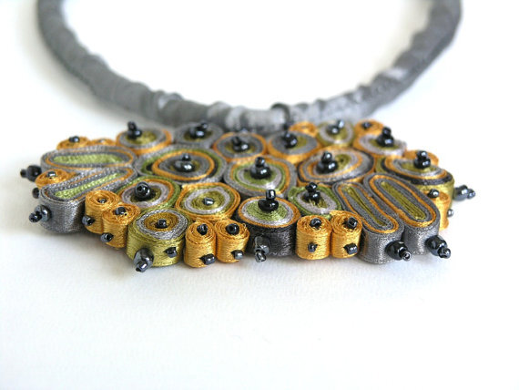 Necklace Yellow Green Grey - Handmade Textile Jewelry - Fiber Pendant - OOAK Ready To Ship