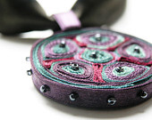 Textile Necklace Purple Red Green - Fiber Pendant - Handmade Jewelry - OOAK Ready To Ship