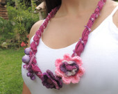 Crochet jewelry, Purple fabric Necklace, Textile jewelry, Pink fabric rose, Eco-friendly, fabric rose, Statement jewelry