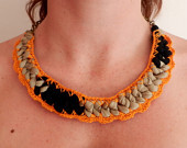 Orange Crochet-hook Necklace. Upcycled fabric cotton and Brass Chain.