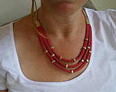 Brick Orange Jersey Fabric Noodle Stripes Necklace with Brass Hardware