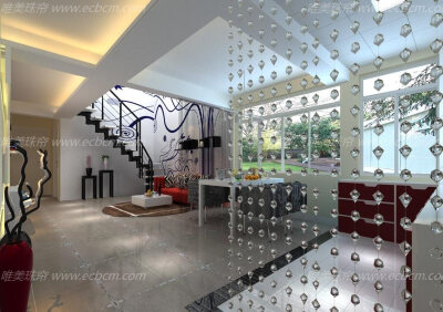 书香门第复式小楼·珠帘玄关隔断效果图 复式房子楼室内效果图