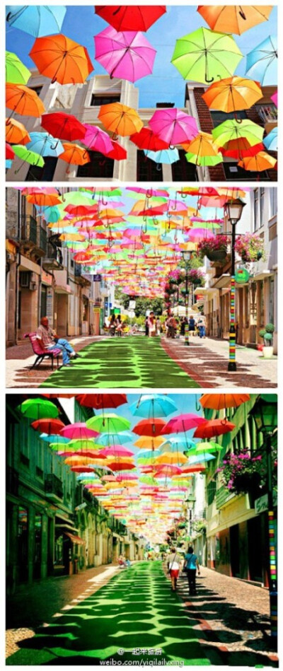 【葡萄牙阿格达的七彩雨伞街】一定是很多人心中的浪漫之地。是不是有种爱丽丝梦游仙境的感觉？
