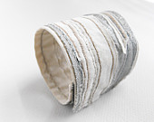 wide fabric cuff bracelet / silver and cream fabric cuff / ooak modern boho bracelet / eco friendly jewelry