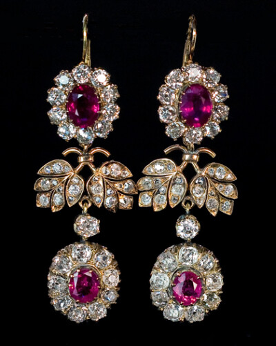 Antique Gemstone Gold Long Earrings Ruby and Diamond Double Cluster for Sale