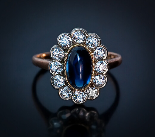 Engagement Rings - Vintage old cut diamond and cabochon sapphire engagement cluster ring