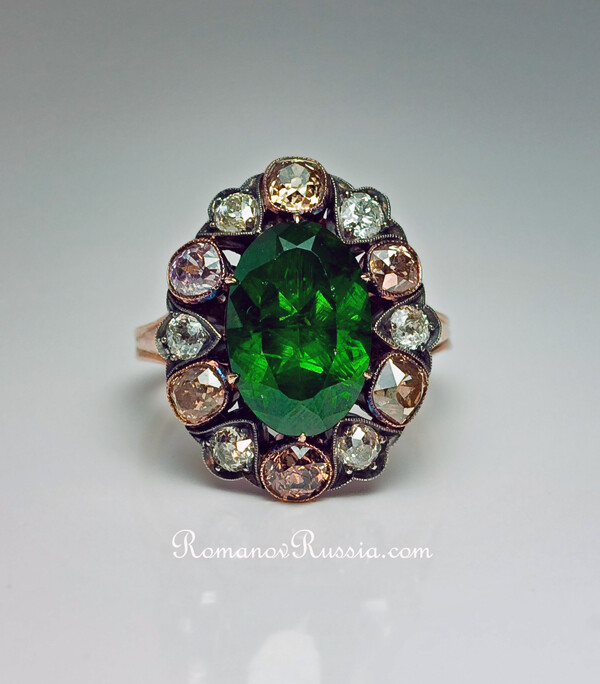 Extremely rare 5 ct Russian demantoid garnet and fancy colored diamond cluster ring