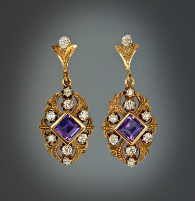 vintage amethyst and diamond pendant earrings