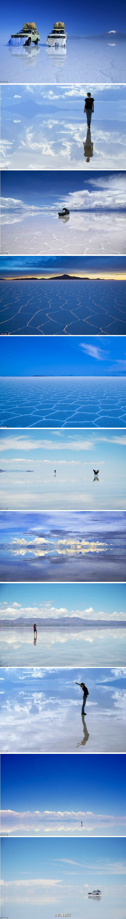 玻利維亞的烏尤尼鹽湖 (Salar de Uyuni)，更被美名為「天空之鏡」，是真正的呈現出「天海一色」的絕韻。這輯來自《每日郵報》的照片，非常漂亮，完全展現出這地方的魅力。圖中還包括了鄰近的火山 Tunupa 。