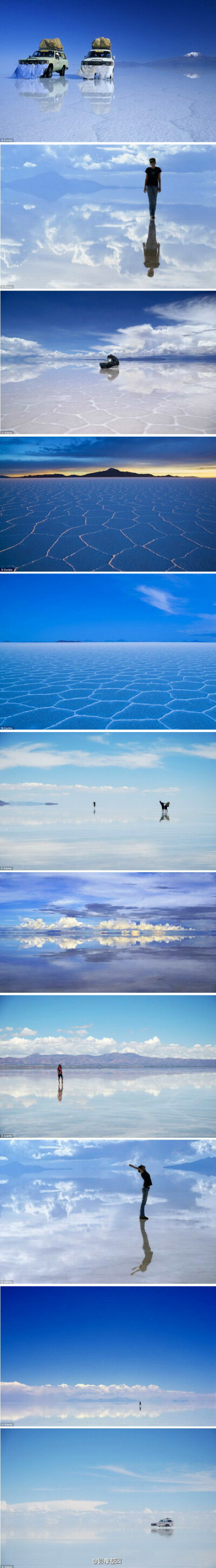 玻利維亞的烏尤尼鹽湖 (Salar de Uyuni)，更被美名為「天空之鏡」，是真正的呈現出「天海一色」的絕韻。這輯來自《每日郵報》的照片，非常漂亮，完全展現出這地方的魅力。圖中還包括了鄰近的火山 Tunupa 。