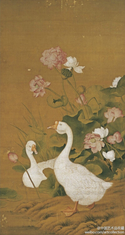 【 清 郎世宁 《荷塘双鹅图》 】绢本设色，174×94cm。 画中池塘水草茂密，莲花盛开。郎世宁充分运用欧洲西洋绘画注重明暗、解剖及透视的特点，同时又加入了中国画的元素，绘出的双鹅姿态各异，皮毛的质感非常细腻，…