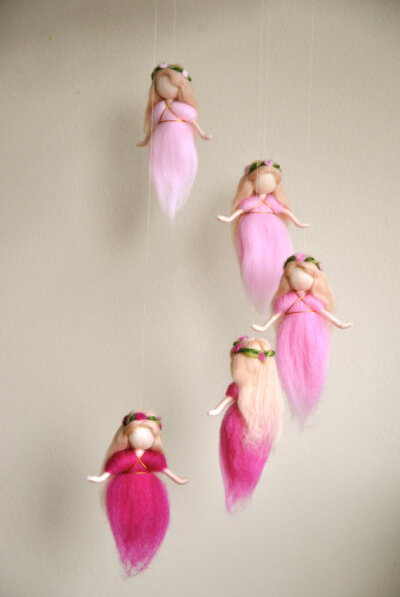 Waldorf inspired needle felted mobile: The Pink Colors Wool Fairies