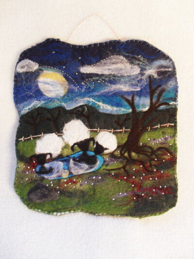 RESERVED-- For KittyZee Felted Tapestry Made from Wool and Silk Sheep in a Starry Field