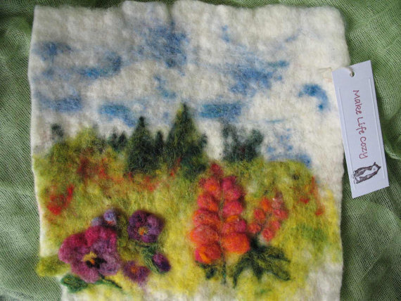 Wet and Needle Felted Landscape with Pansies and Lupine Flowers.