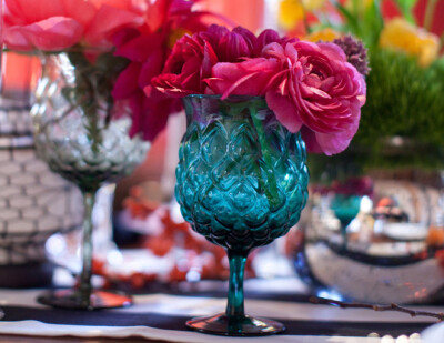 glassware, jewel tone, reception decor, flowers