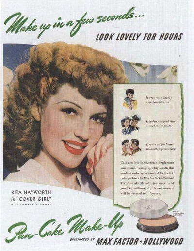 八十年前的化妆品海报们——丽塔·海华斯Rita Hayworth——蜜丝佛陀Max Factor粉底