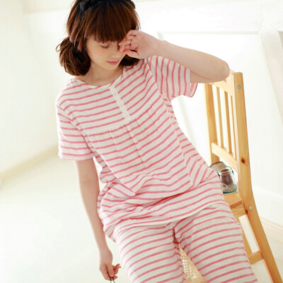 日系睡衣女夏短袖中裤纯棉质纱布圆领条纹清新全棉家居服套装