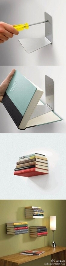 Use Bookends as Floating Bookshelves，即是装饰，亦是书柜，很不错的选择！