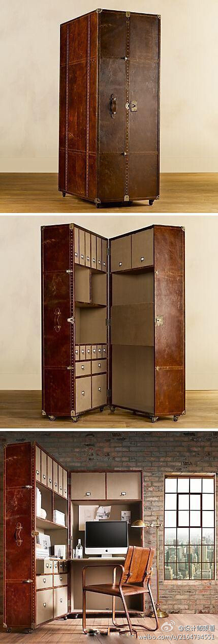 巨大的仿古皮箱，当这个“巨无霸”打开之后却是个包含书架、抽屉、柜子、折叠书桌等一应俱全的小书房或者工作间。|来自网络
