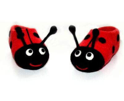 Felted kid size slippers Ladybirds