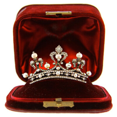 Diamond and Pearl tiara in box 19th century