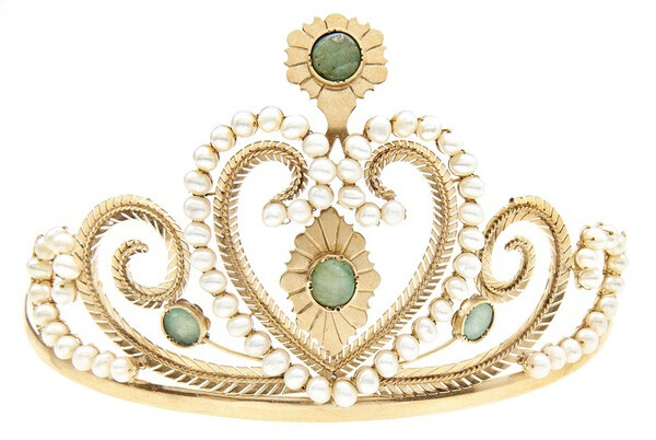 A cultured pearl and emerald tiara. Of graduating and scrolling design, set with 5.2mm cultured pearl courses