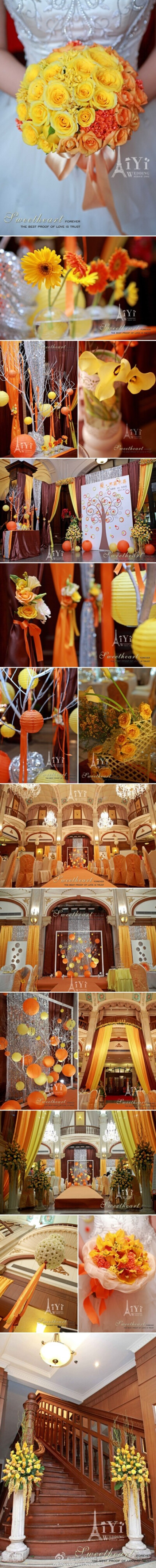 【不离不弃】这一场用亮黄、橙红、咖啡碰撞而成的婚礼，搭配着坐落于外滩黄浦江畔，维多利亚时期巴洛克式老建筑--浦江饭店的浓郁英国新古典主义风格，格外的显现出他的高贵、优雅气质
