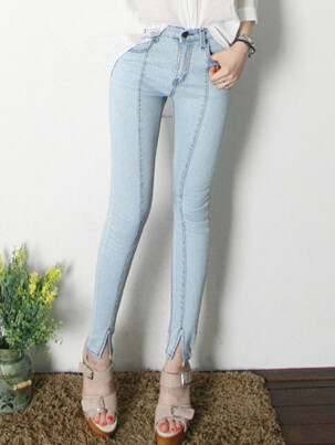 韩版平行线浅色铅笔裤裤脚开叉小脚牛仔裤潮女