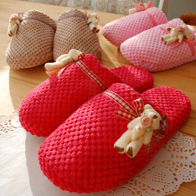 立体珍珠熊布艺家居鞋男女情侣款拖鞋可爱绒面居家鞋韩