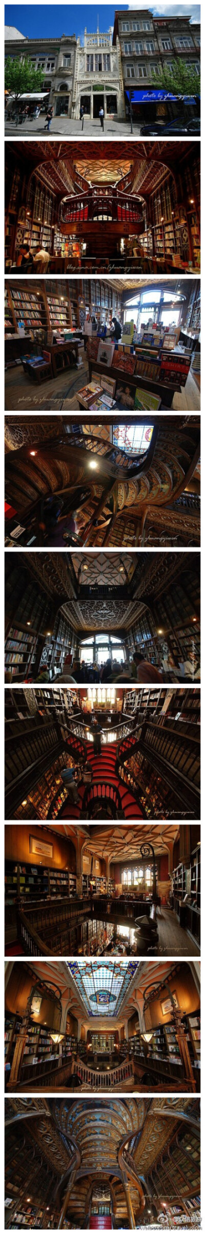 【葡萄牙 Lello 莱罗书店】位于葡萄牙第二大城市波尔图，1881年开始营业，书店中央有一个漂亮的木制楼梯，读者可以透过玻璃楼顶360度仰望天空。楼梯四周书架上摆满各种好书，如果你是个“书虫”，定会沉浸其中流连忘…