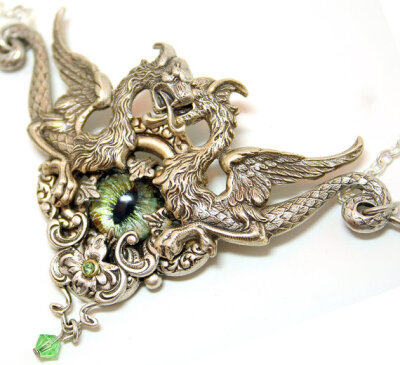 Gothic Necklace Chinese Dragons Evil Eye Sterling Plate Steampunk Necklace Green Eye Creepy