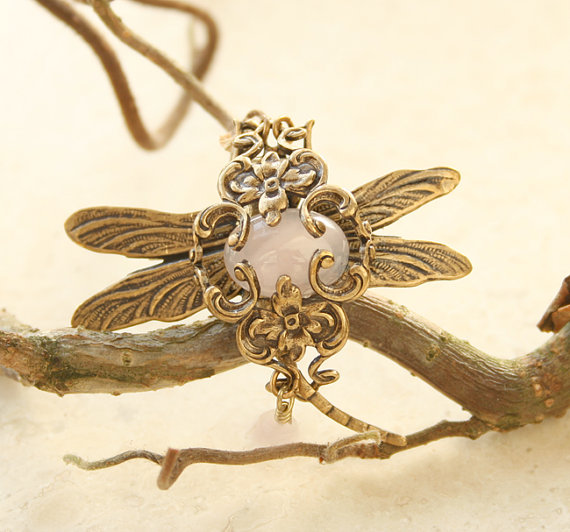 Dragonfly Brooch Pin Rose Quartz Vintage Inspired