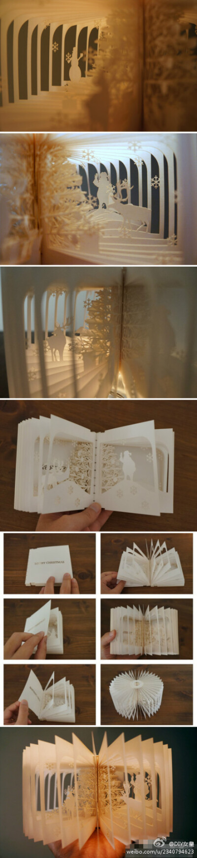 【立体圣诞贺卡】日本艺术家Yusuke Oono制作的圣诞贺卡，其实它更像是一本书，每一页都是立体雕刻的，呈现出圣诞老人、驯鹿、雪人和雪花扥诸多圣诞元素，活脱脱一个白色的童话世界。（转）更多DIY创意生活☑欢迎关注…