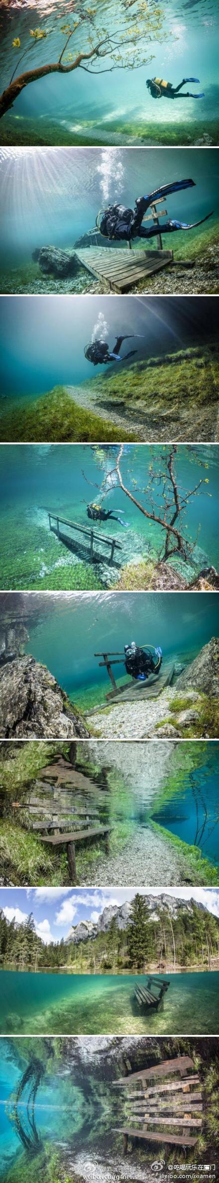 【奥地利湖水上涨形成水下仙境】奥地利Tragoess绿湖湖水淹没陆地形成壮观的水下世界，这里是潜水者的天堂。12米深的水下有树、小径、栅栏、桥梁。事实上，绿湖平时的水位只有1米深，但是洪灾泛滥令水位上涨，周边景致成为水下仙境，真的好靓啊！