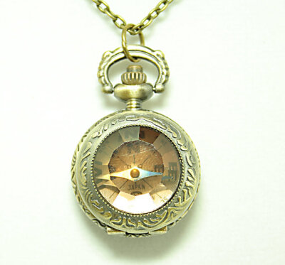 Steampunk Necklace Crystal Locket Working Compass Pocket Watch Antique Bronze