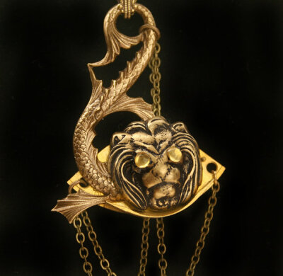 Steampunk Necklace, Lion Fish, Anchor, Honey Gold, Brass