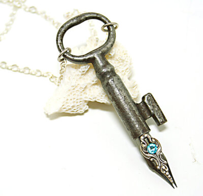 Steampunk Necklace Steampunk Jewelry Skeleton Key Jewelry Skeleton Key Pen Unique Silver Turquoise