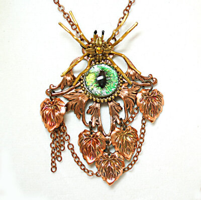 Gothic Steampunk Necklace Gothic Spider Steampunk Eye Emerald Creepy Gothic Jewelry