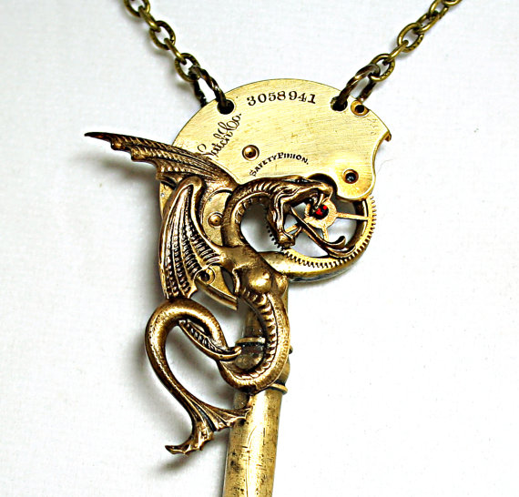 Steampunk Necklace Skeleton Key Echidna Dragon Pendant Keeper of the Key Gothic Steampunk Unisex