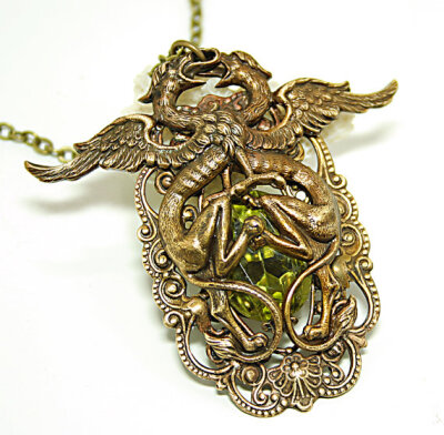 Steampunk Necklace Griffon Griffin Vintage Victorian Inspired Olivine Gothic Jewelry