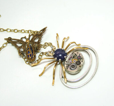 Steampunk Necklace Gothic Steampunk Spider Butterfly Necklace Steampunk Jewelry Steampunk Couture Blue