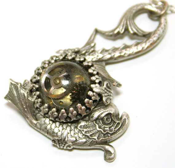 Steampunk Necklace Chinese Fish Koi Silver Fish Bowl Watch Parts Steam Punk Style Steampunk Jewelry