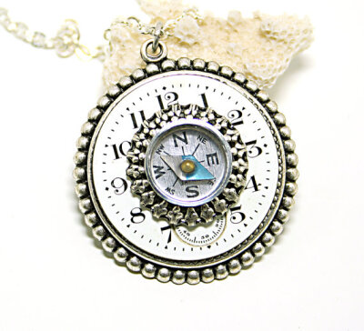 Steampunk Necklace Time To Follow You're Dreams Working Compass Porcelain Pocket Watch Dial Antique