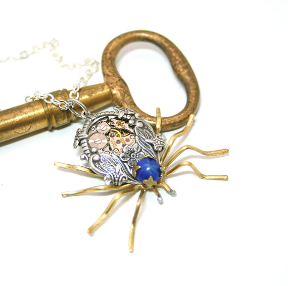 Steampunk Necklace Spider Steam Punk Blue Star Stone Vintage Silver and Gold Arachnid Halloween