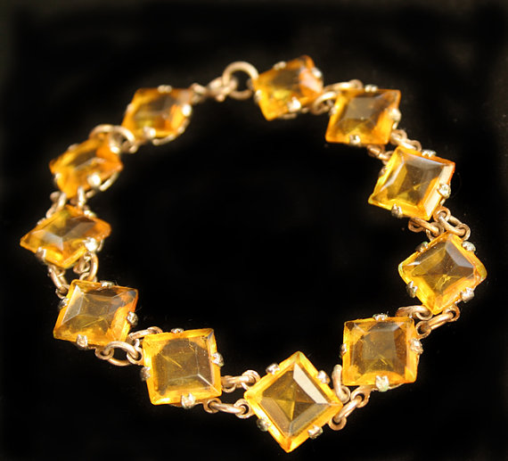 Vintage 1930's Czech Bracelet, Amber, Topaz, November Birthstone