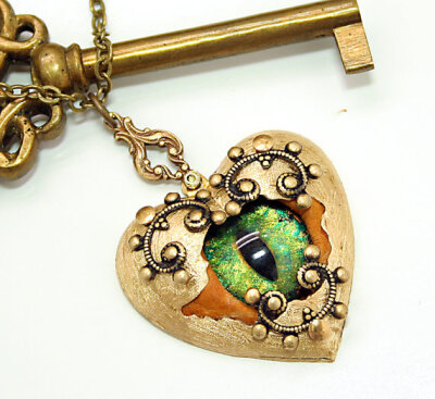 Steampunk Necklace Eye Love You Hearts Steampunk Jewelry Victorian Heart Evil Eye Pendants Green