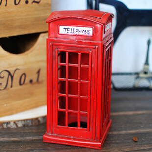 精品。vintage&deg;伦敦街头电话亭纯手工铁皮储蓄罐英伦风