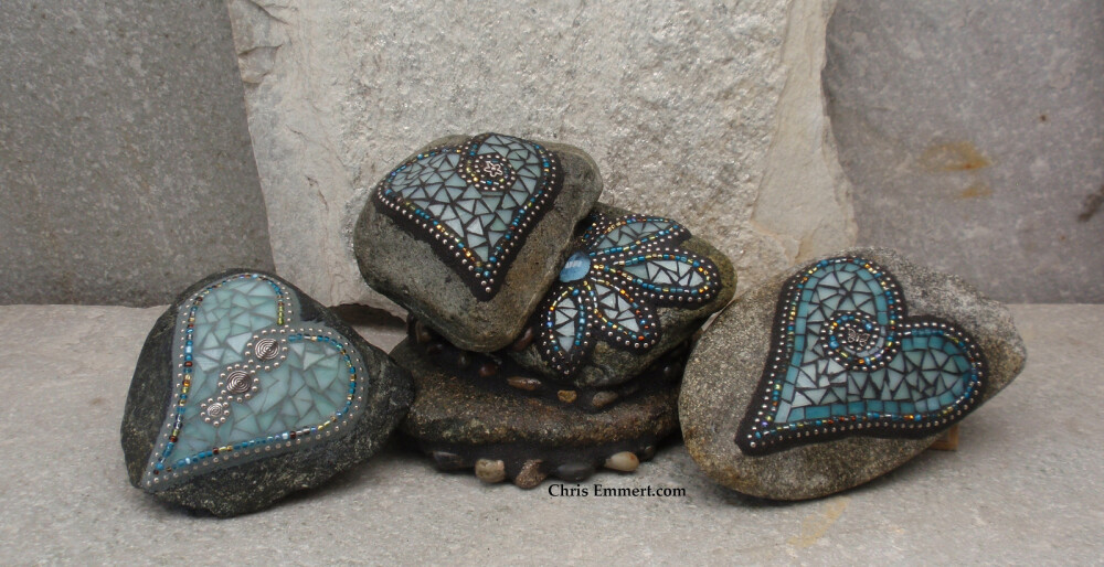 Mosaic Teal Heart Stones