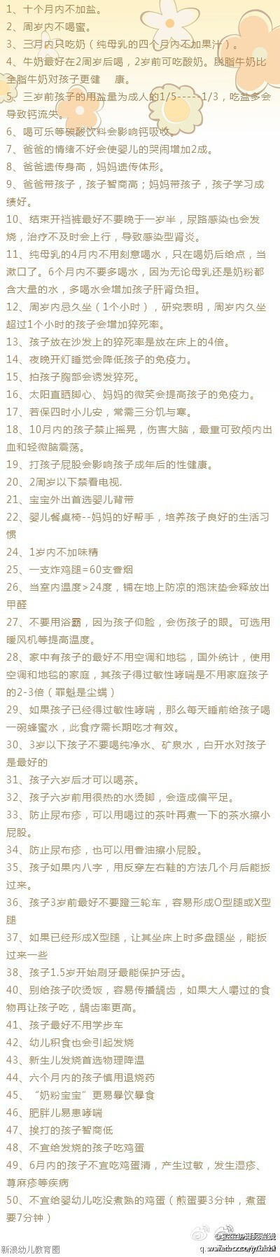 【育儿50个小细节】1、十个月内不加盐。2、周岁内不喝蜜。3、三月内只吃奶。4、牛奶最好在2周岁后喝。5、三岁前孩子的用盐量为成人的1/5-----1/3，吃盐多会导致钙流失。6、喝可乐等碳酸饮料会影响钙吸收。7、爸爸的…